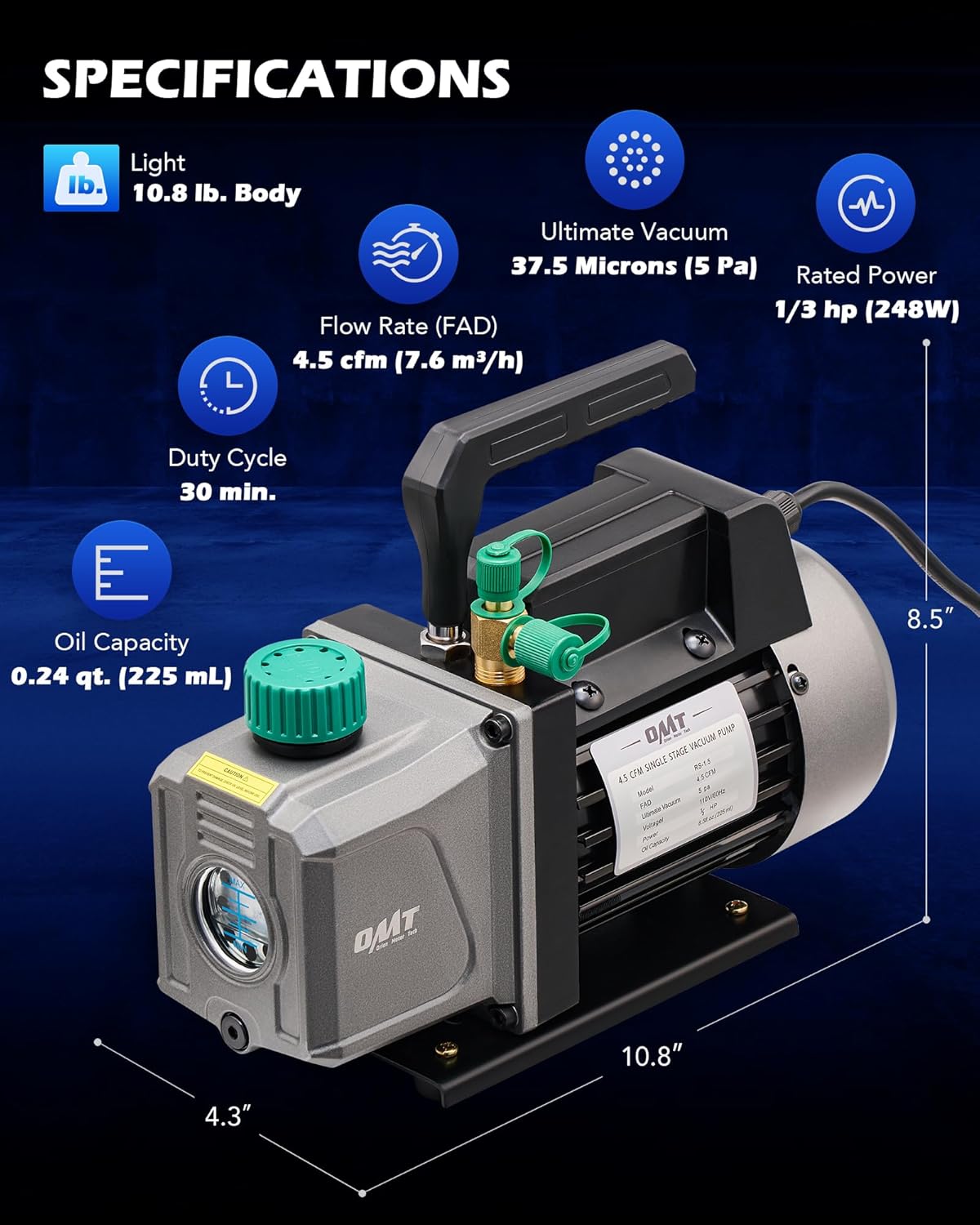 Orion Motor Tech Vacuum Pump, 4.5 cfm 1/3 hp HVAC Single Stage Vacuum Pump for R12 R22 R134a R410a R502, Auto AC Vacuum Pump Kit for Automotive Air Conditioner Resin Degassing & More, Oil Included